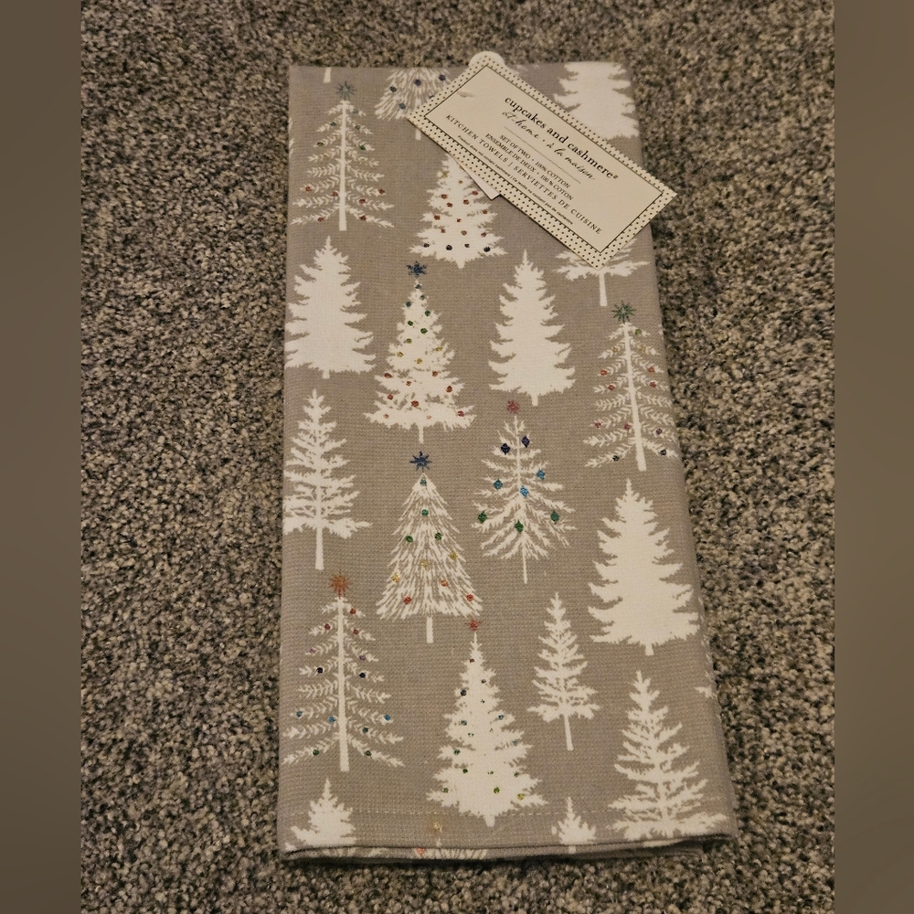 Cupcakes & Cashmere Grey Kitchen Towels With Christmas Trees Set Of 2